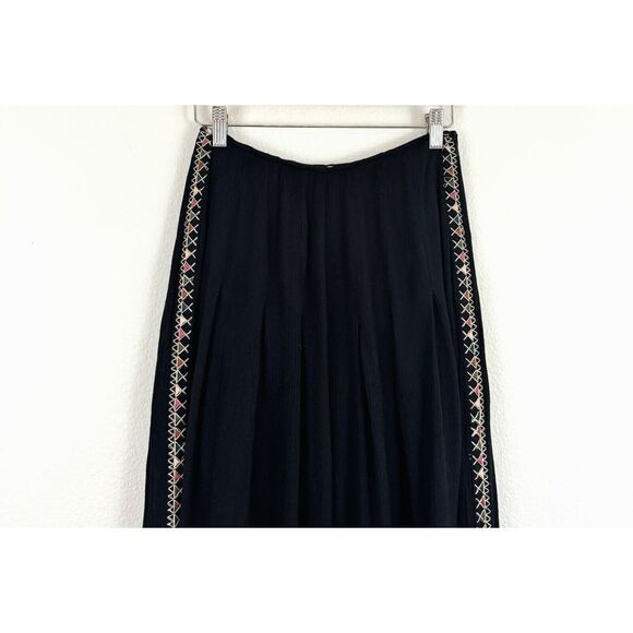 Free People Pants 2 Santoshi Black Wide Leg Embroidered Boho Hippie Gauzy Crinkl - Picture 4 of 15